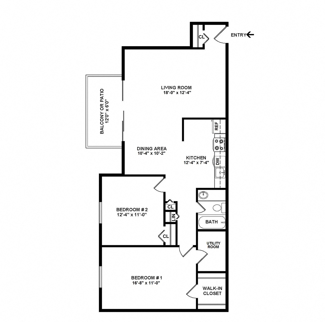 Floor plan for 2 beds, 1 bath, 972 sqft